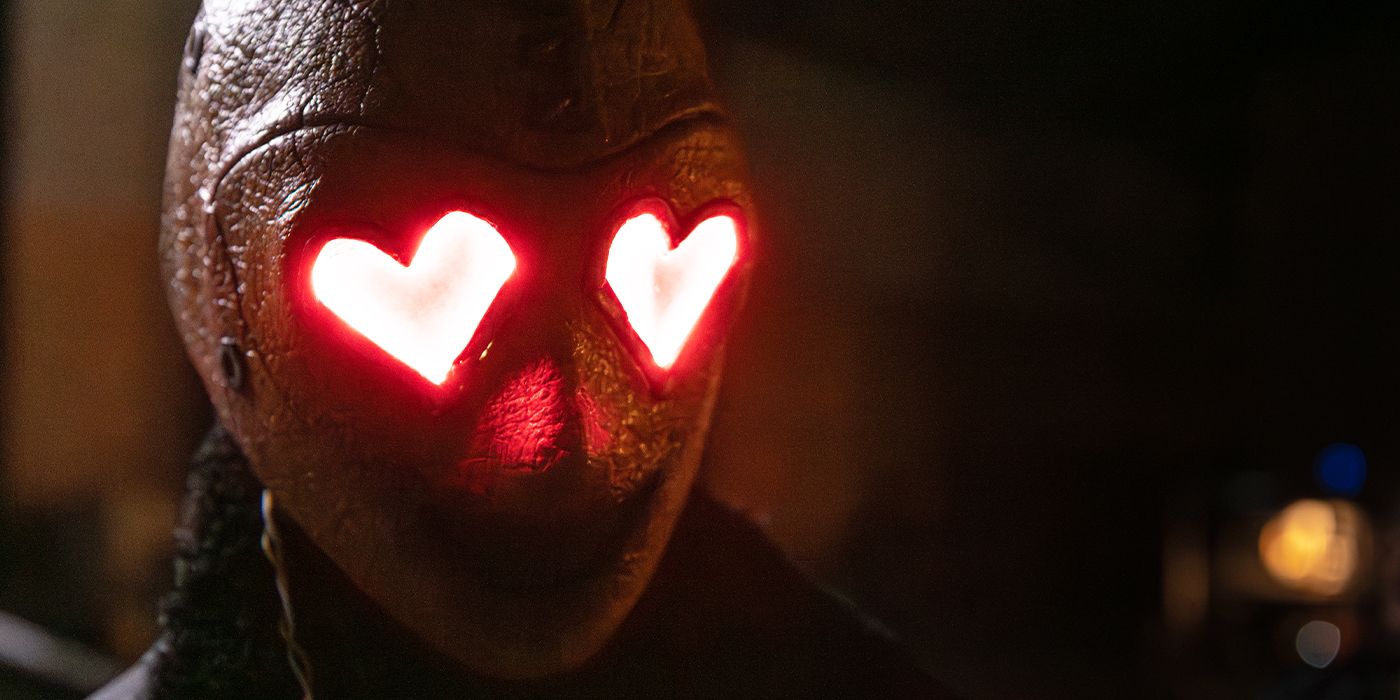 Close-up of the Heart Eyes killer's mask