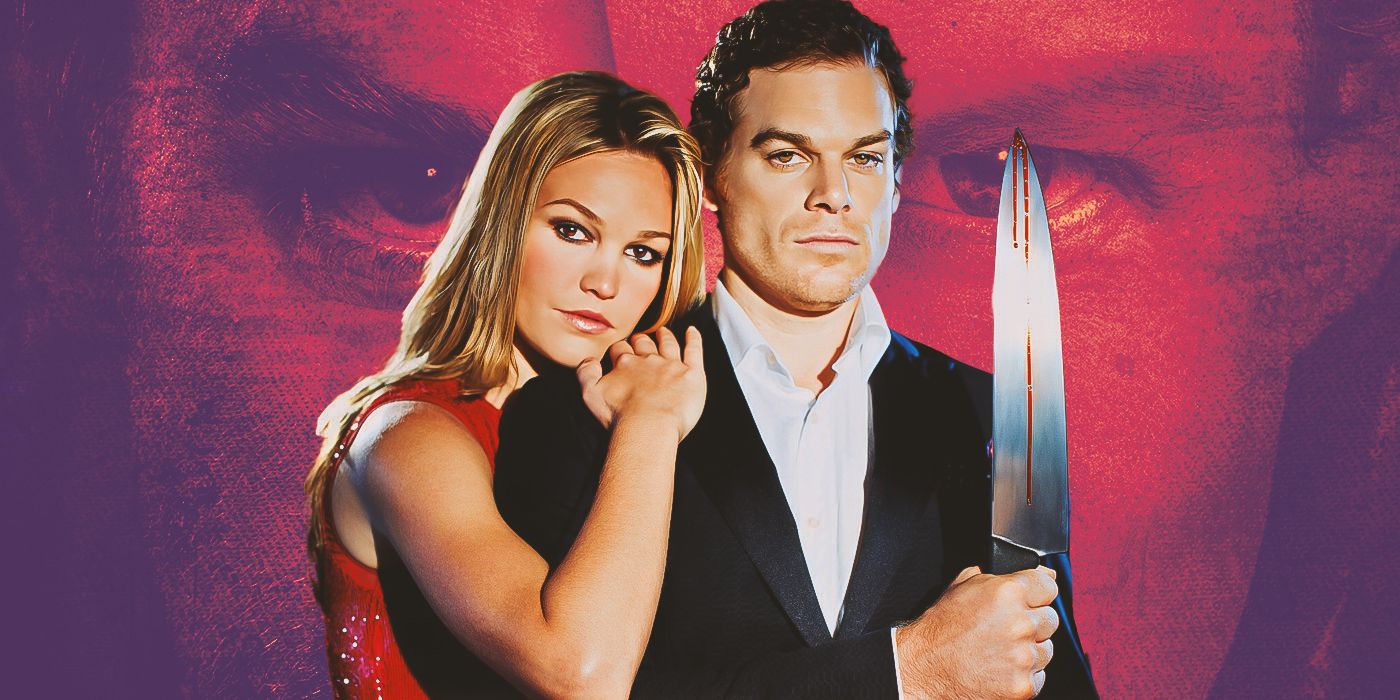 Julia Stiles and and Michael C. Hall (as Dexter) holding a knife