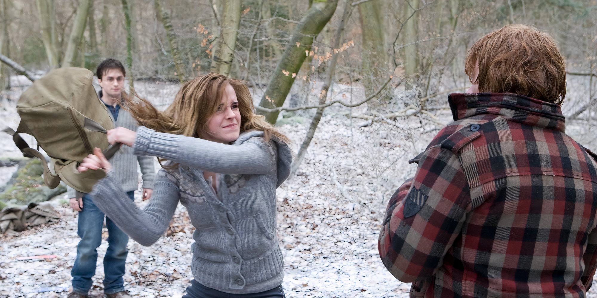 Hermione almost hits Ron with a bag in Deathly Hallows Part 1