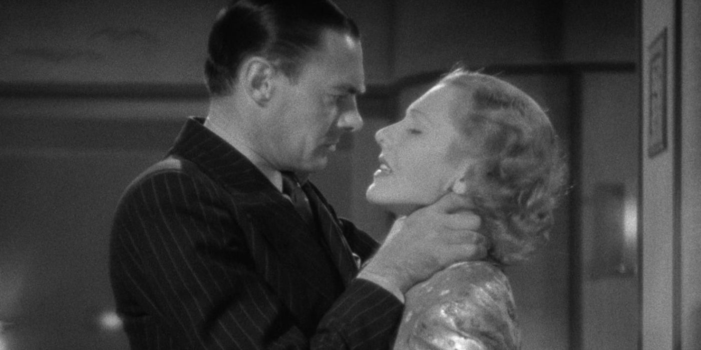Michael (Ivan Lebedeff) strangling Irene (Jean Arthur) in History Is Made At Night