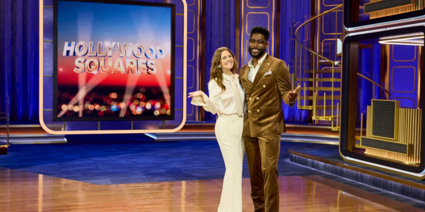 Drew Barrymore and Nate Burleson on the set of the reboot of 'Hollywood Squares.'