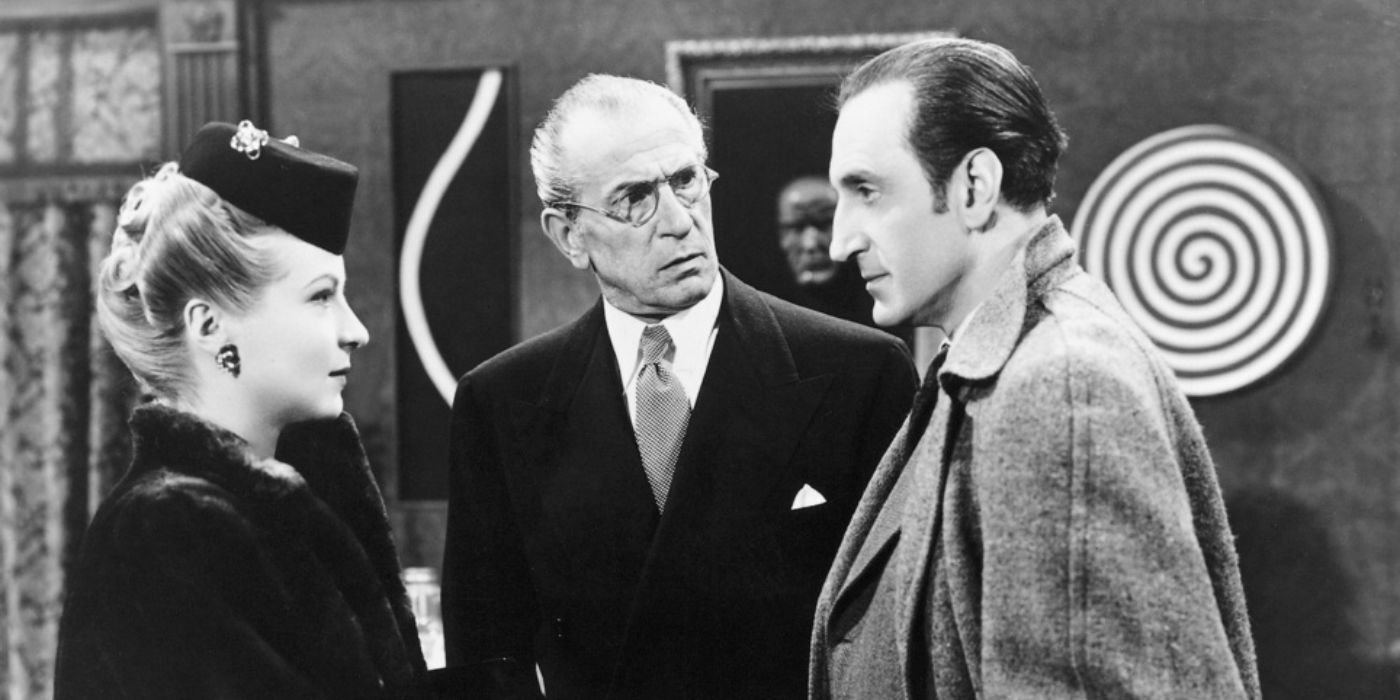 Sherlock Holmes meeting Lydia for the first time with Watson looking confused in The Woman in Green.