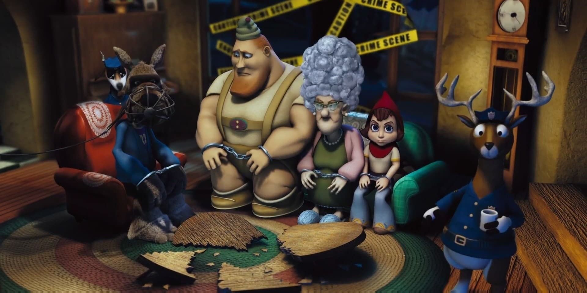 The various characters of &lsquo;Hoodwinked&rsquo;, including Red Riding Hood, Granny, the Huntsman, and The Wolf, all sitting around a living room in handcuffs