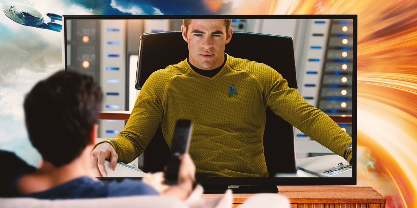 A custom image of a person holding a remote and watching Chris Pine's Captain Kirk on their television screen