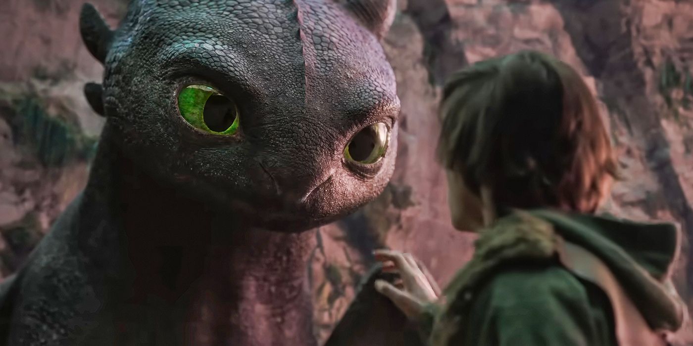 Toothless looking at Hiccup in the 2025 live-action remake of 'How To Train Your Dragon'