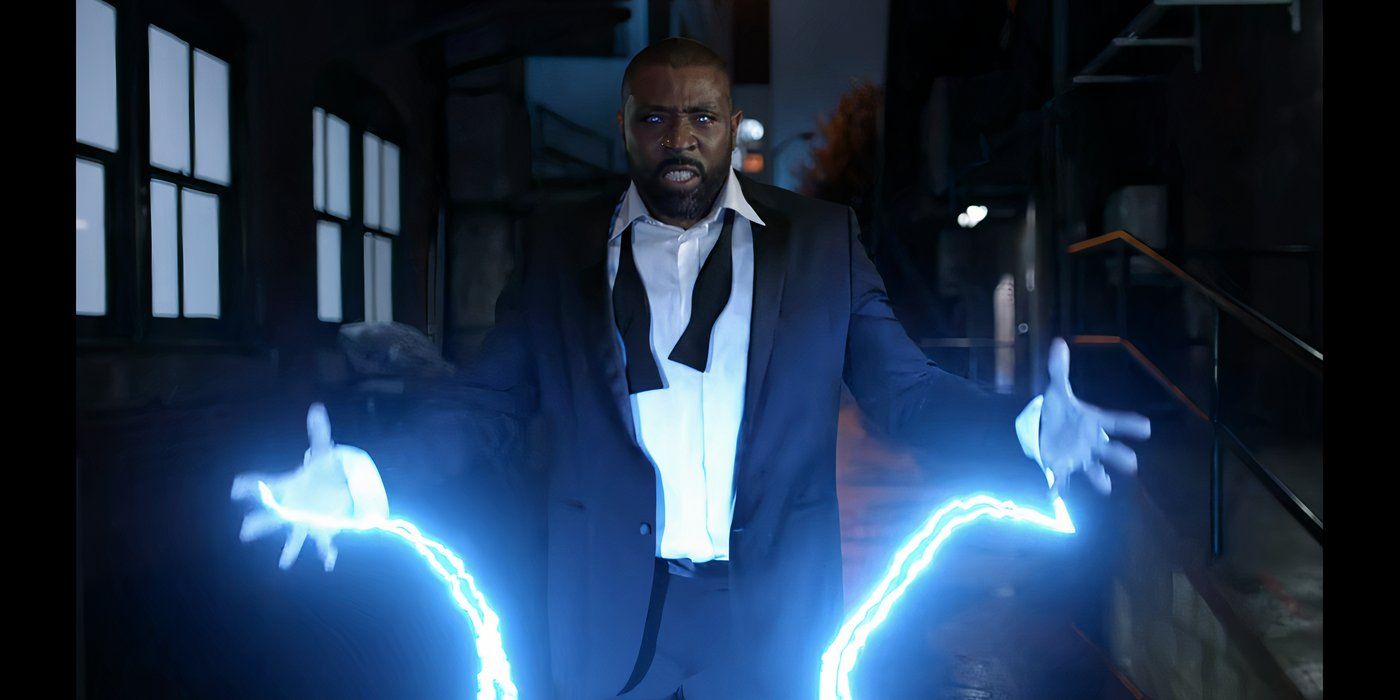 Jefferson Pierce with lightning coming out of his hands in Black Lightning