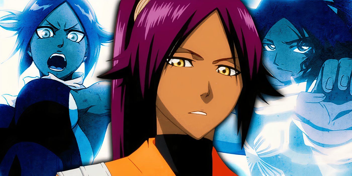 Yoruichi is deep in thought with images of other characters behind in Bleach.