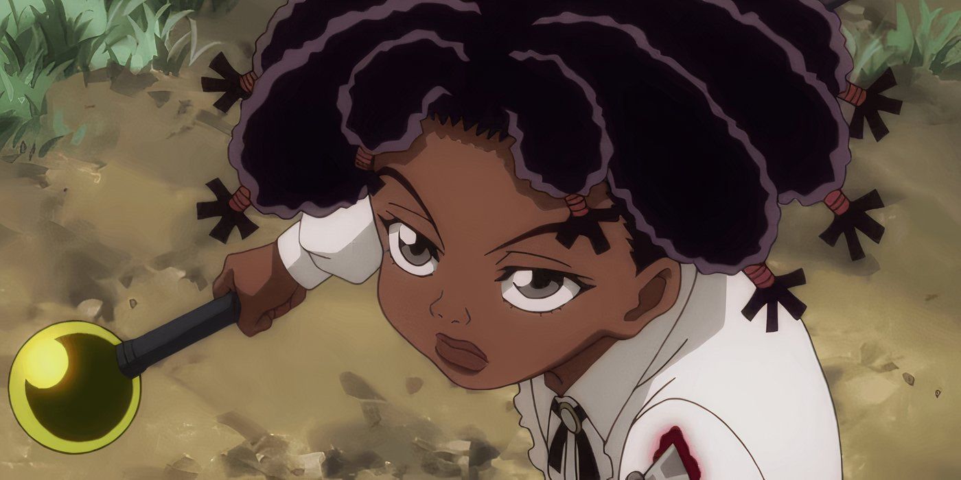 Canary voiced by Mela Lee holds a staff with a sphere on the end in Hunter x Hunter.