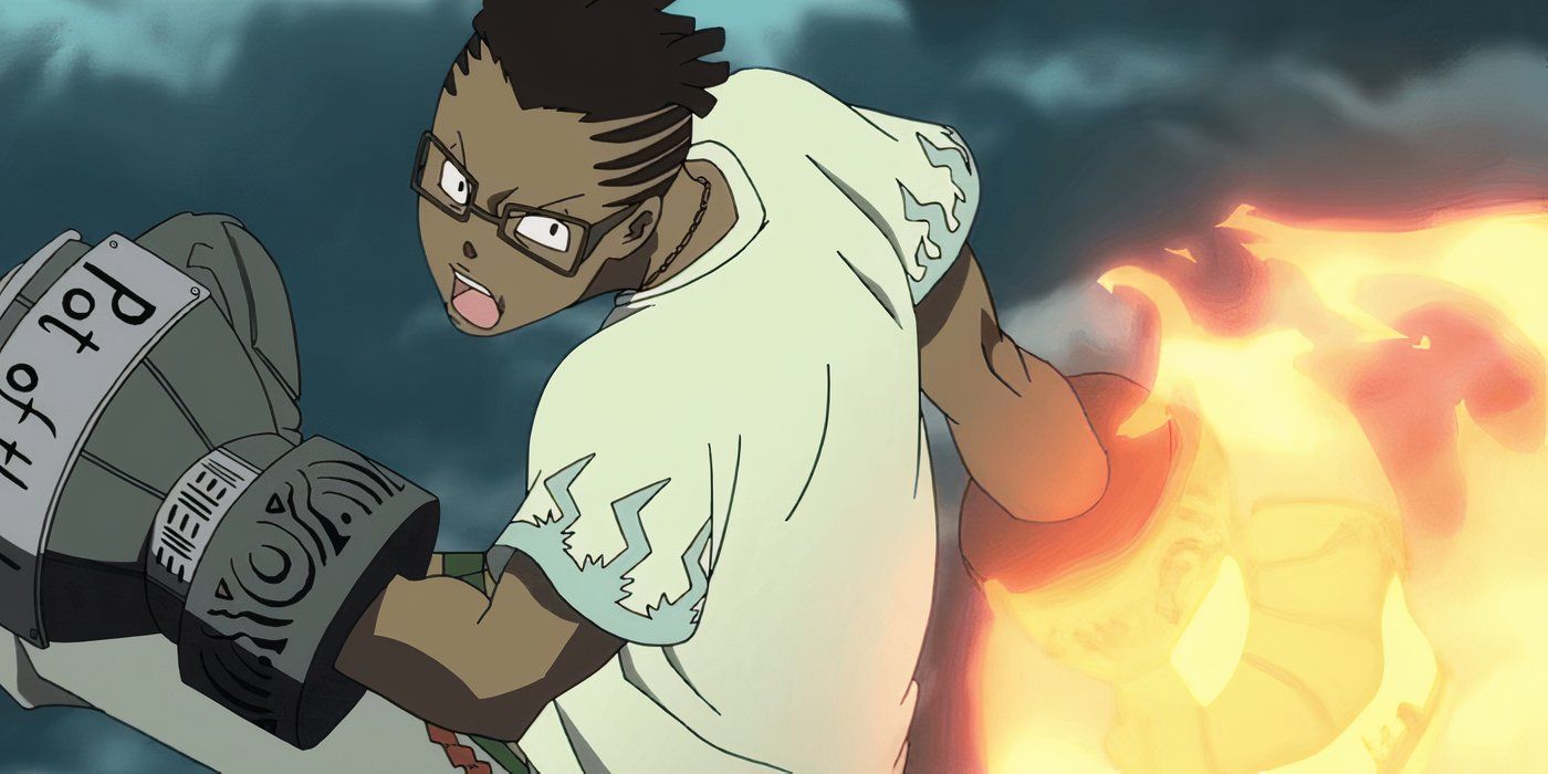 Kilik Rung with metal apparatuses as fists, with one on fire in Soul Eater.