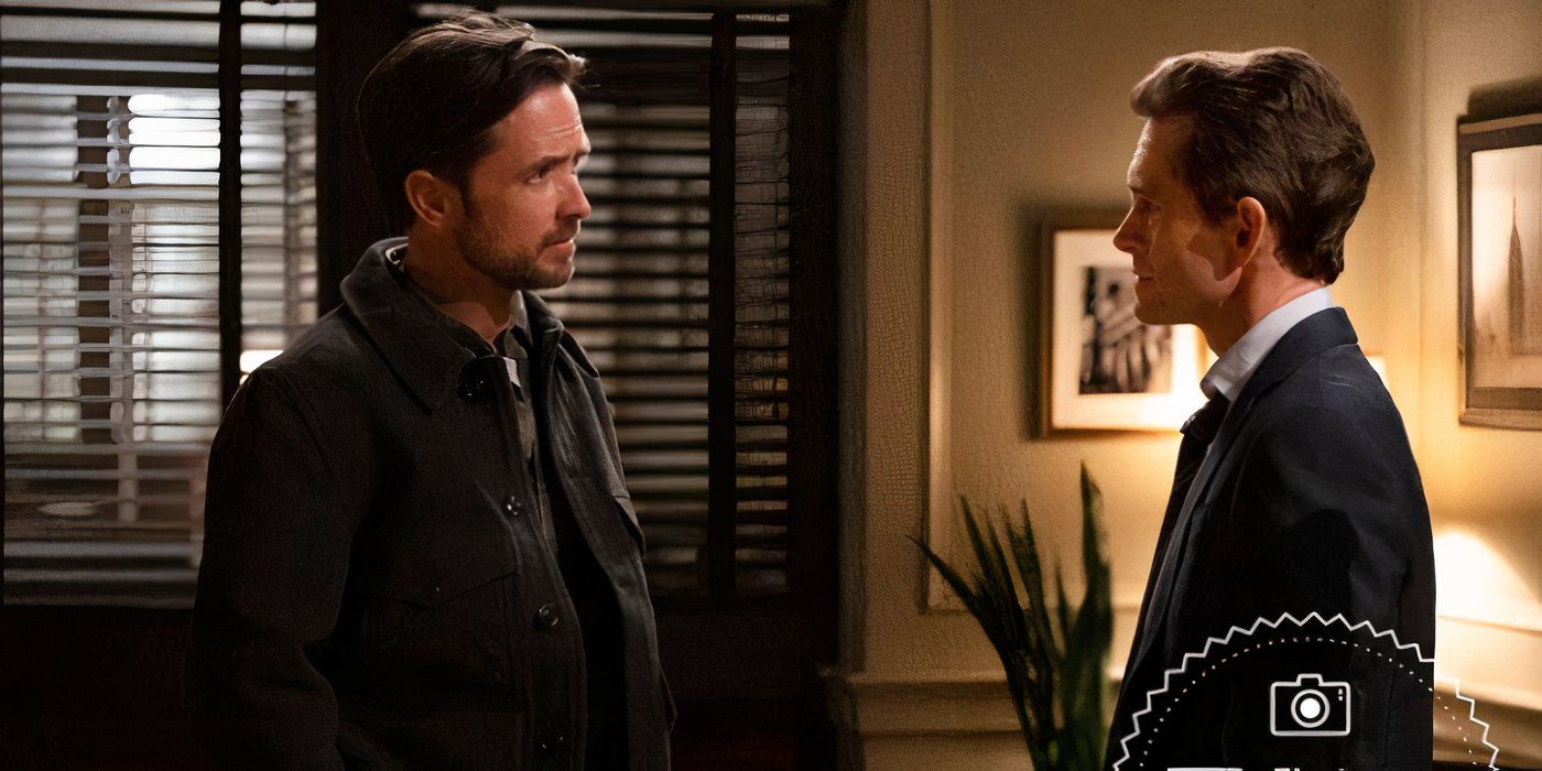 Justin Chatwin is facing Hugh Dancy as they have a conversation in Law &amp; Order Season 24