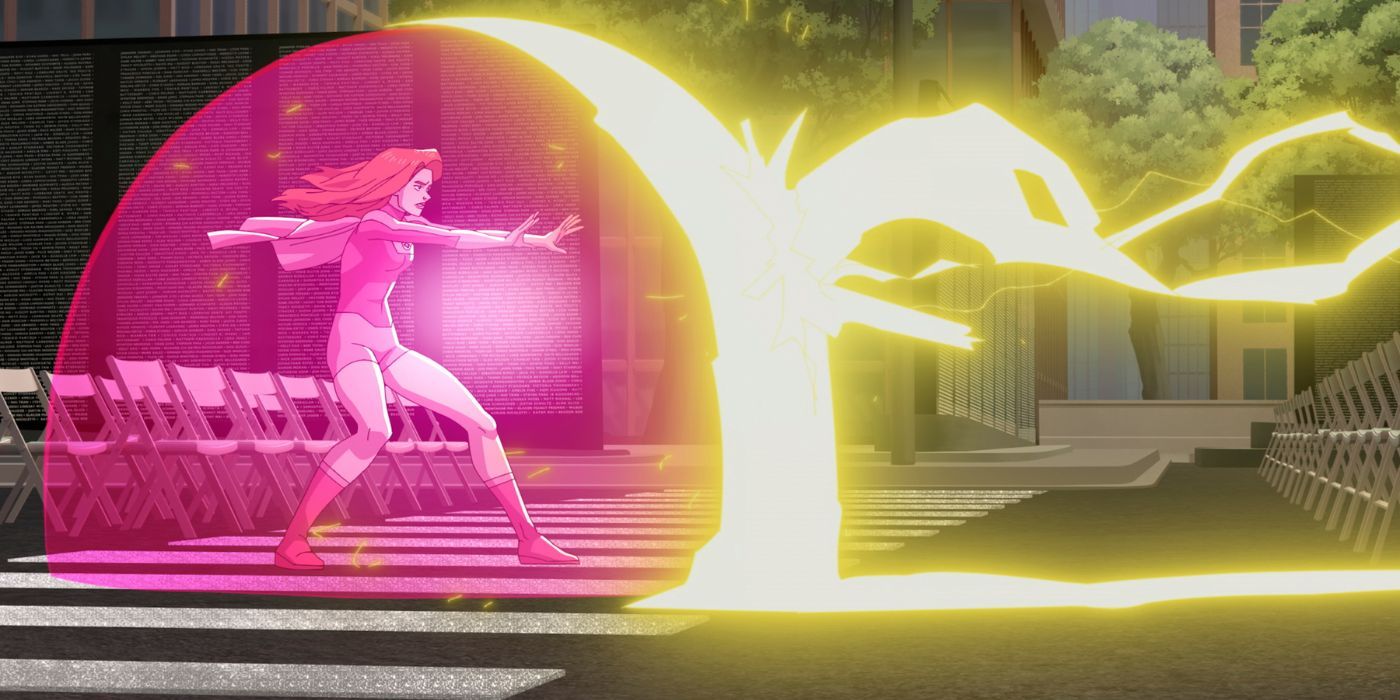 Atom Eve (Gillian Jacobs) inside of her pink force-field as lightning strikes it in Invincible Season 3.