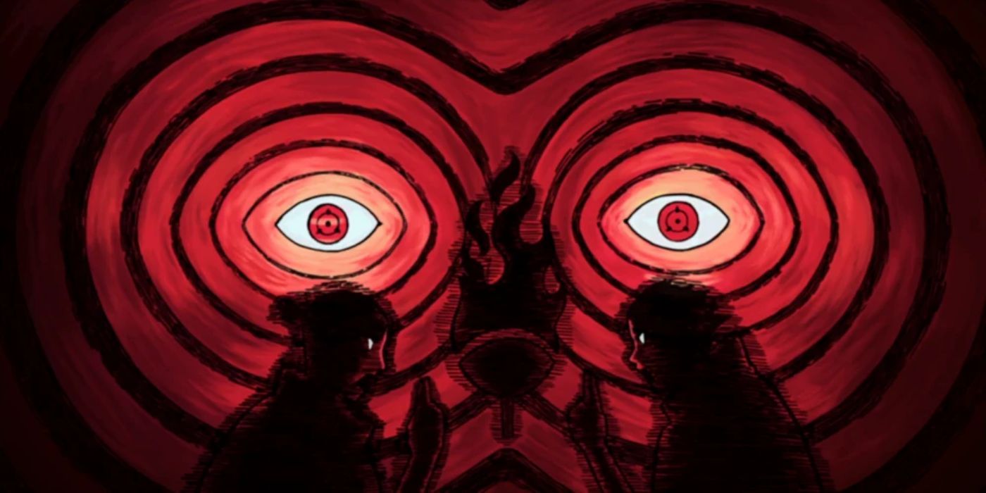 Two red Sharingan eyes look at mysterious figures in Naruto.