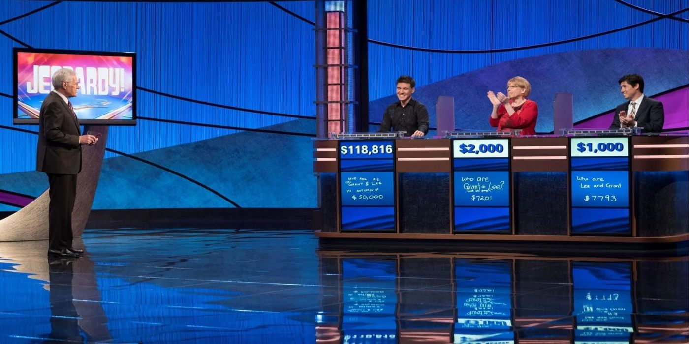 The 'Jeopardy!' stage with James Holzhauer and Alex Trebek