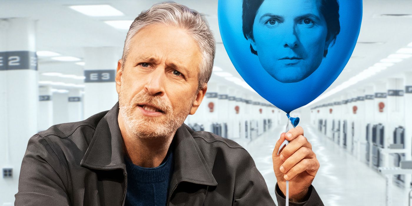 Jon Stewart holding up a Severance balloon with Adam Scott's face on it