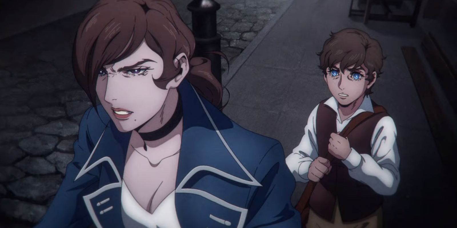 Julia Belmont protecting a young Richter in Castlevania Nocturne