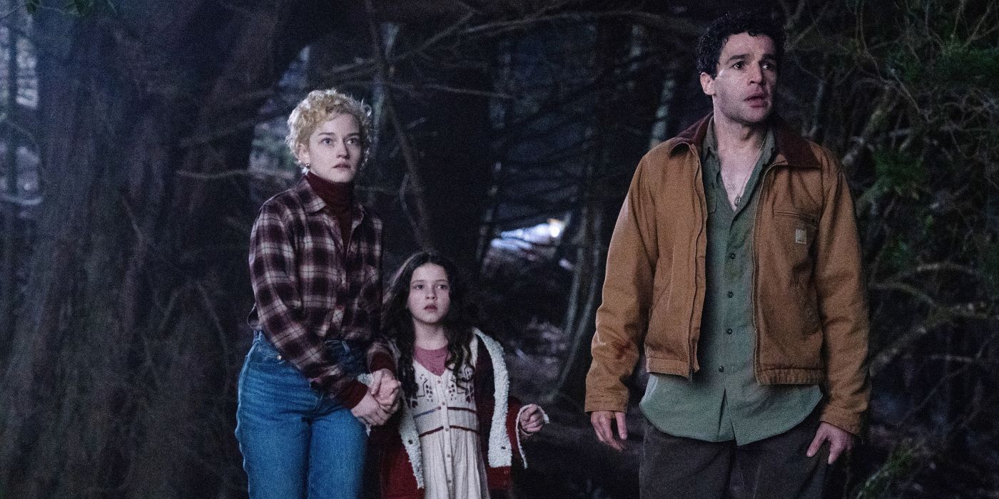 Julia Garner, Matilda Firth, and Christopher Abbott as Charlotte, Ginger, and Blake Lovell in Wolf Man.