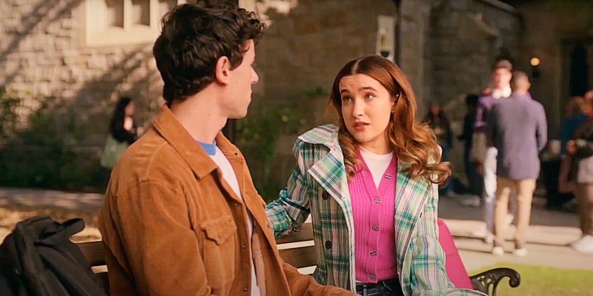 Cooper and Kacey sitting on a bench together in The Sex Lives of College Girls Season 3 finale