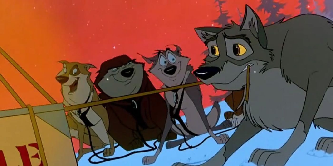 Balto the sled dog pulls the rope holding a fragile wood case in Balto 1995