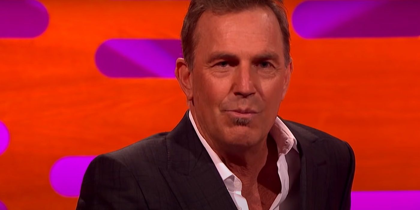 Kevin Costner looking tense, sitting on the couch on 'The Graham Norton Show'.