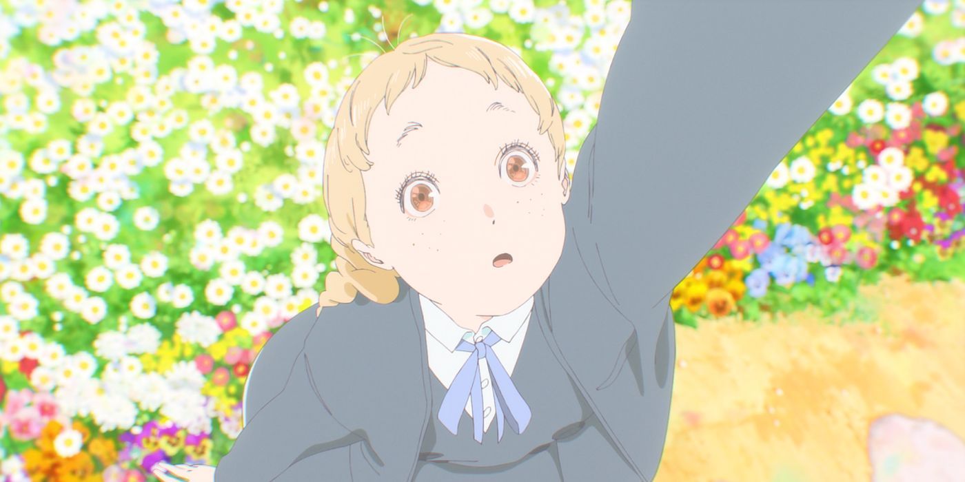 Libby Rue voices Totsuko in the English dub of &lsquo;The Colors Within&rsquo; she&rsquo;s seen here in a black suit jacket with a purple tie and white shirt hovering over flowers