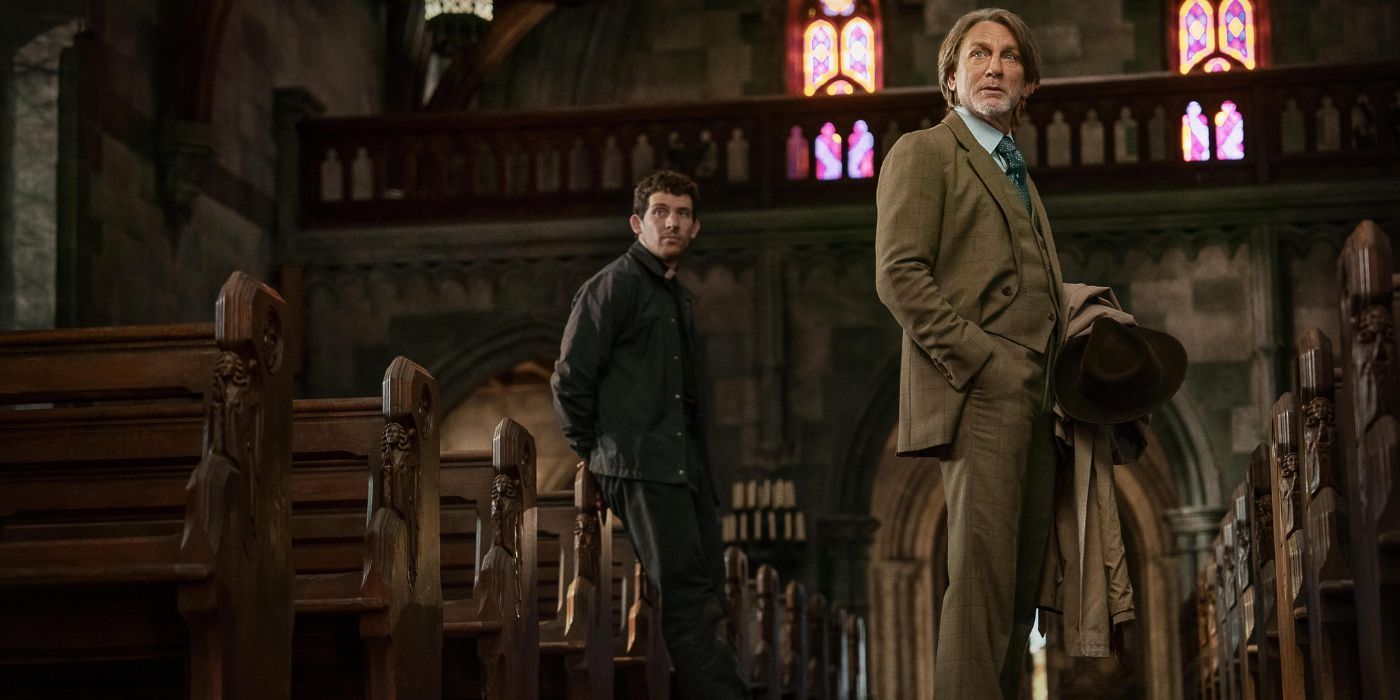 Daniel Craig and Josh O&rsquo;Connor standing in a church in Wake Up Dead Man: A Knives Out Mystery.