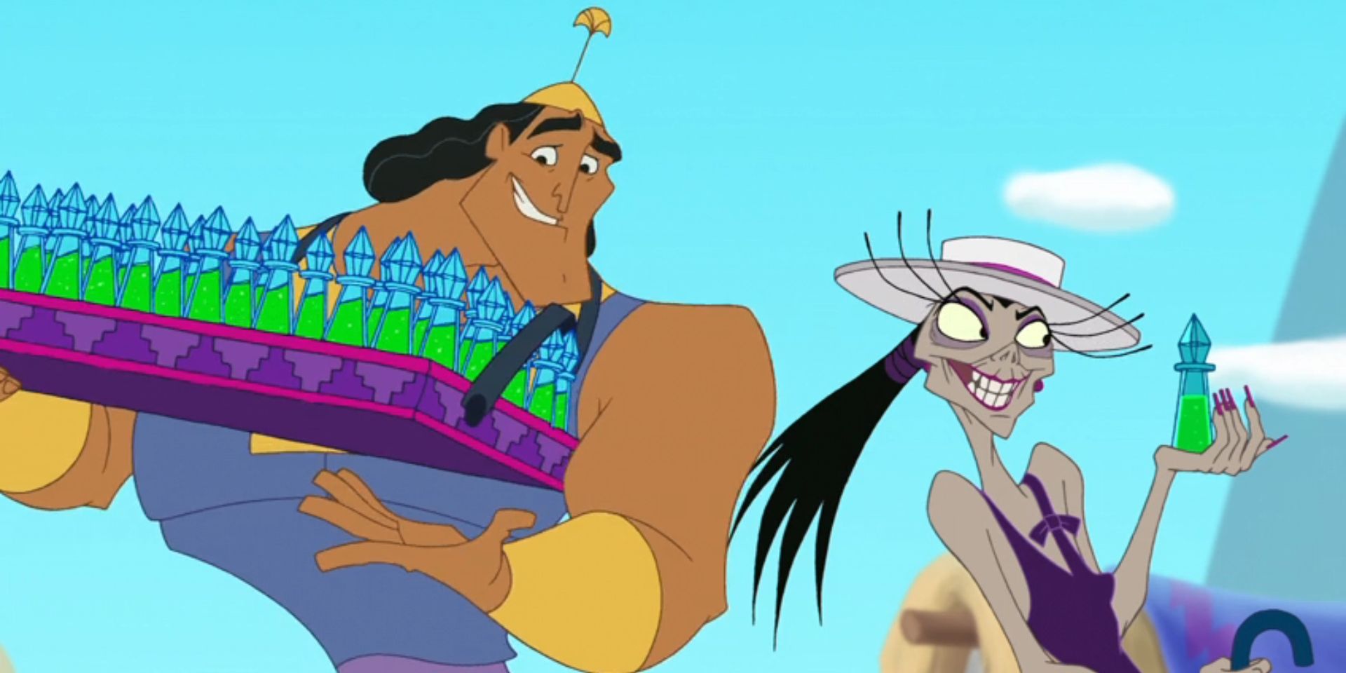 Kronk, voiced by Patrick Warburton, and Yzma, voiced by Eartha Kitt, sell potions in &lsquo;Kronk&rsquo;s New Groove&rsquo;.