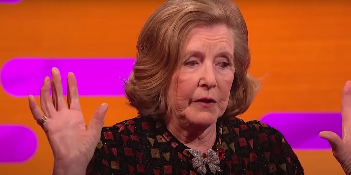 Lady Anne Glenconner raising her hands as she tells a story on The Graham Norton Show.