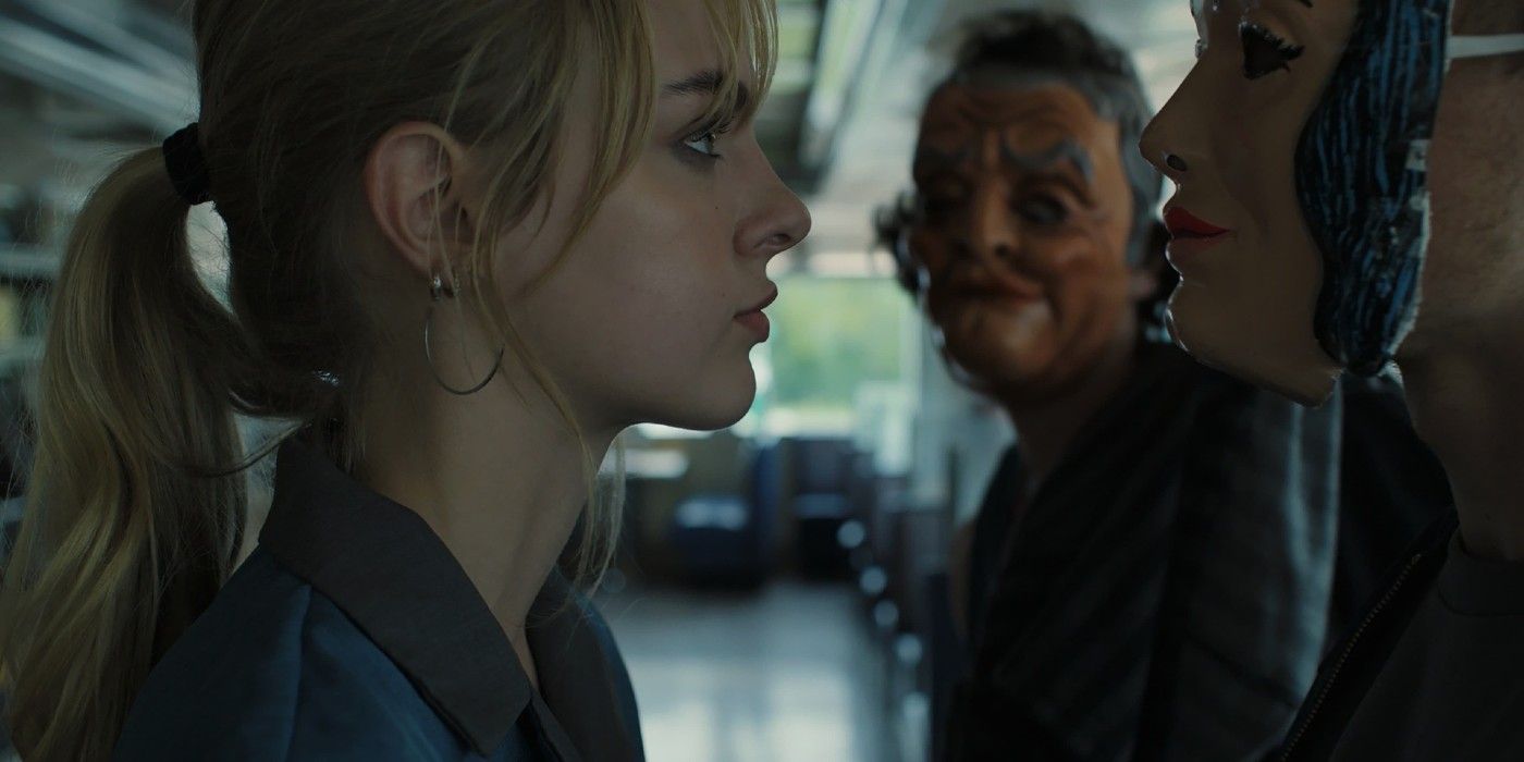 Nancy (Jessica Belkin) staring down masked men in the diner in 'Last Straw'