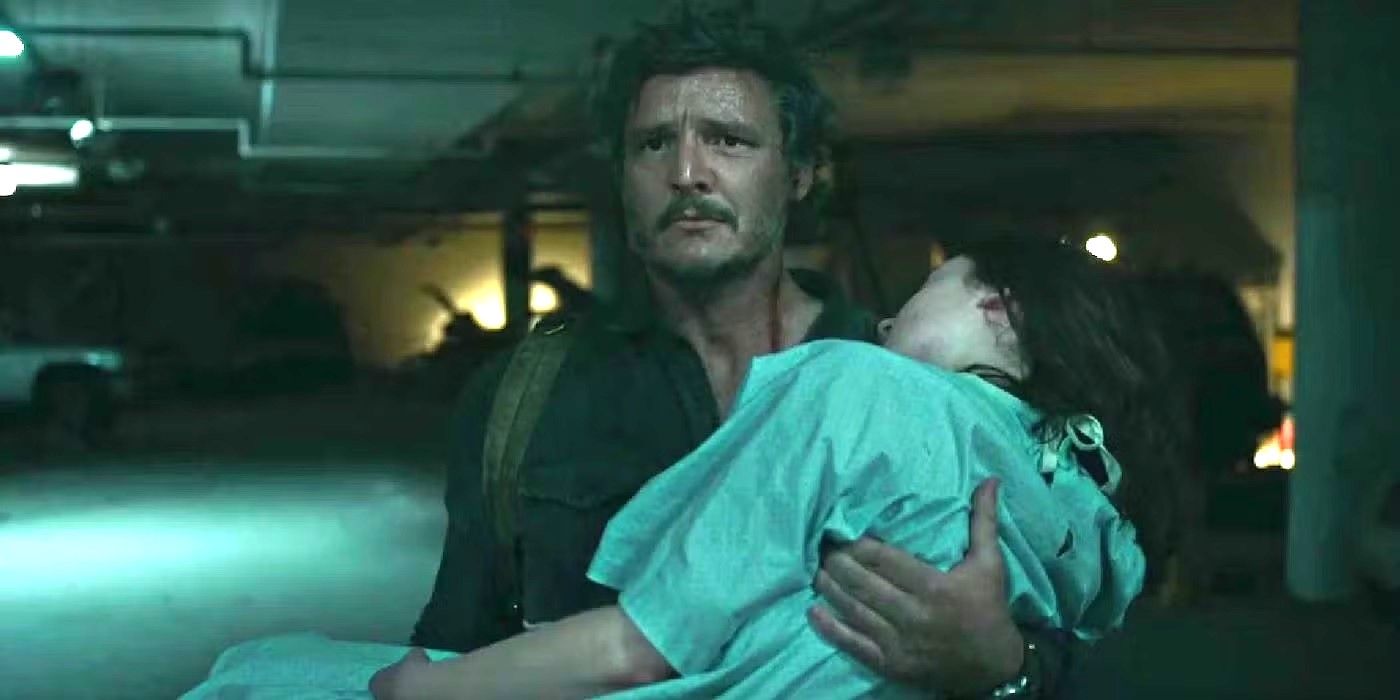 Joel (Pedro Pascal) carries Ellie (Bella Ramsey) in her hospital gown in Episode 9 of The Last of Us.