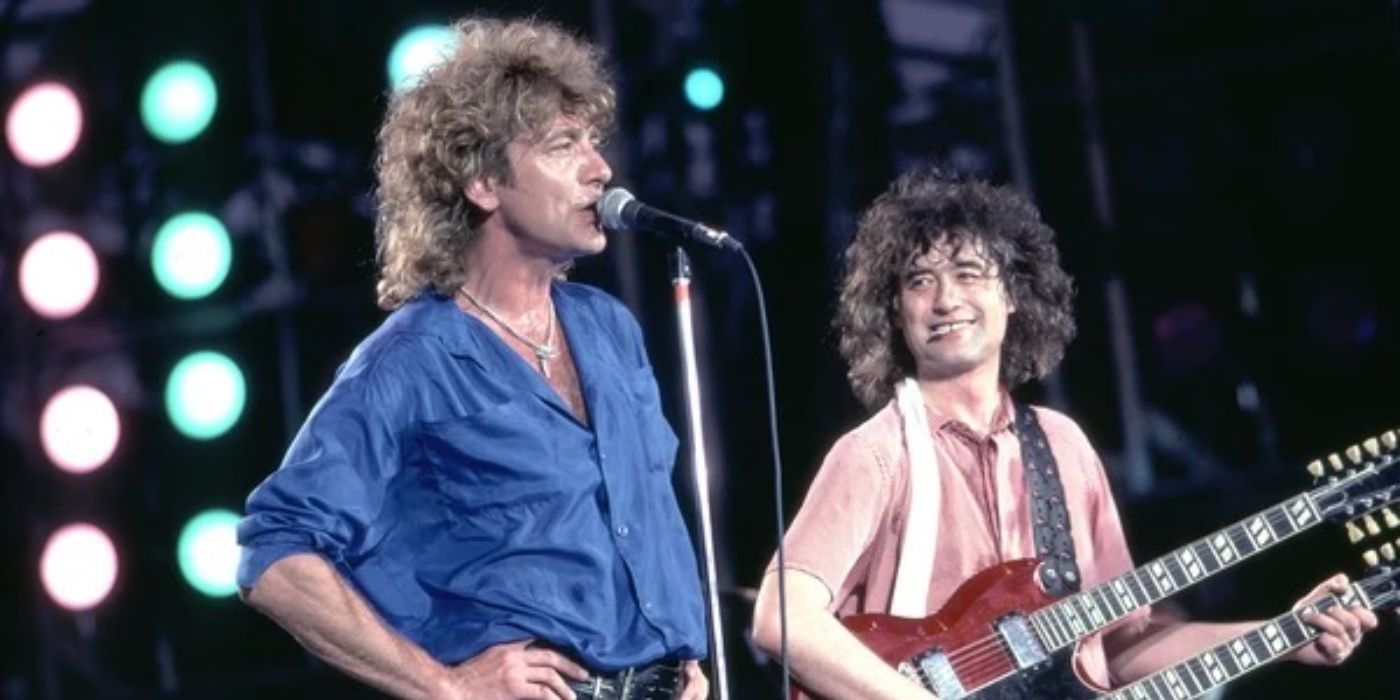 Members of the band Led Zepplin on stage performing for Live Aid.