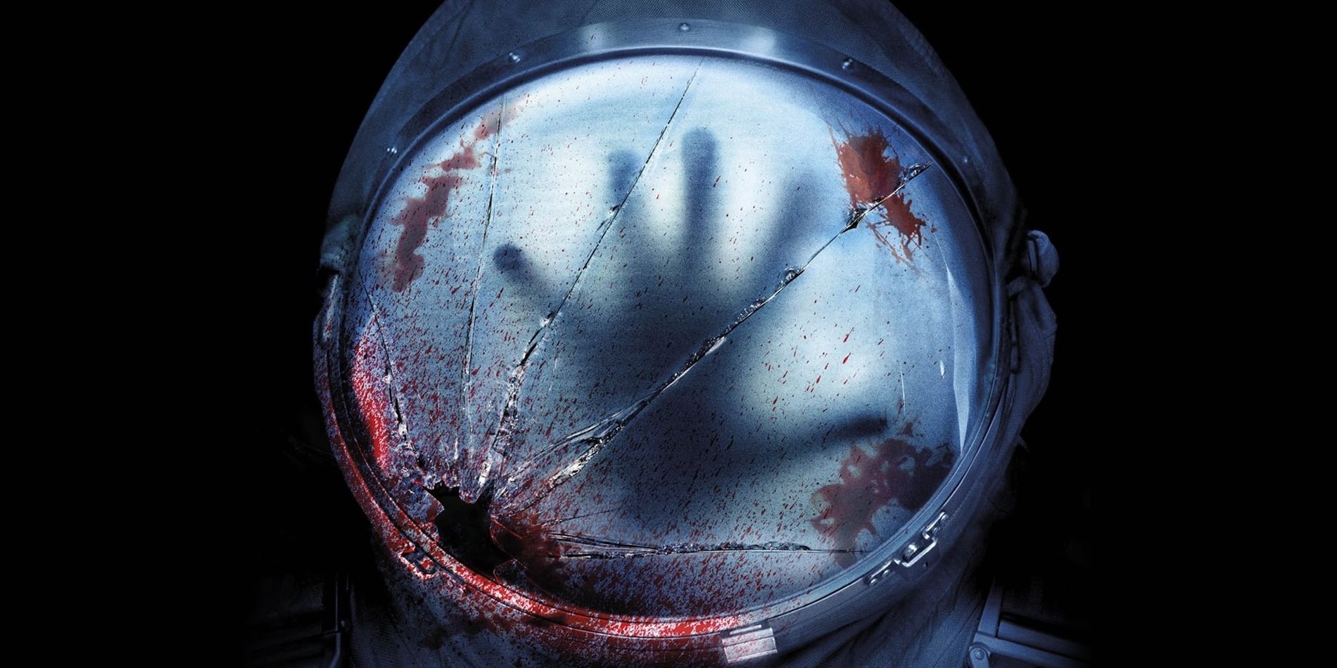 A smashed space helmet spattered with blood, and a hand pressing up against the visor from the inside.