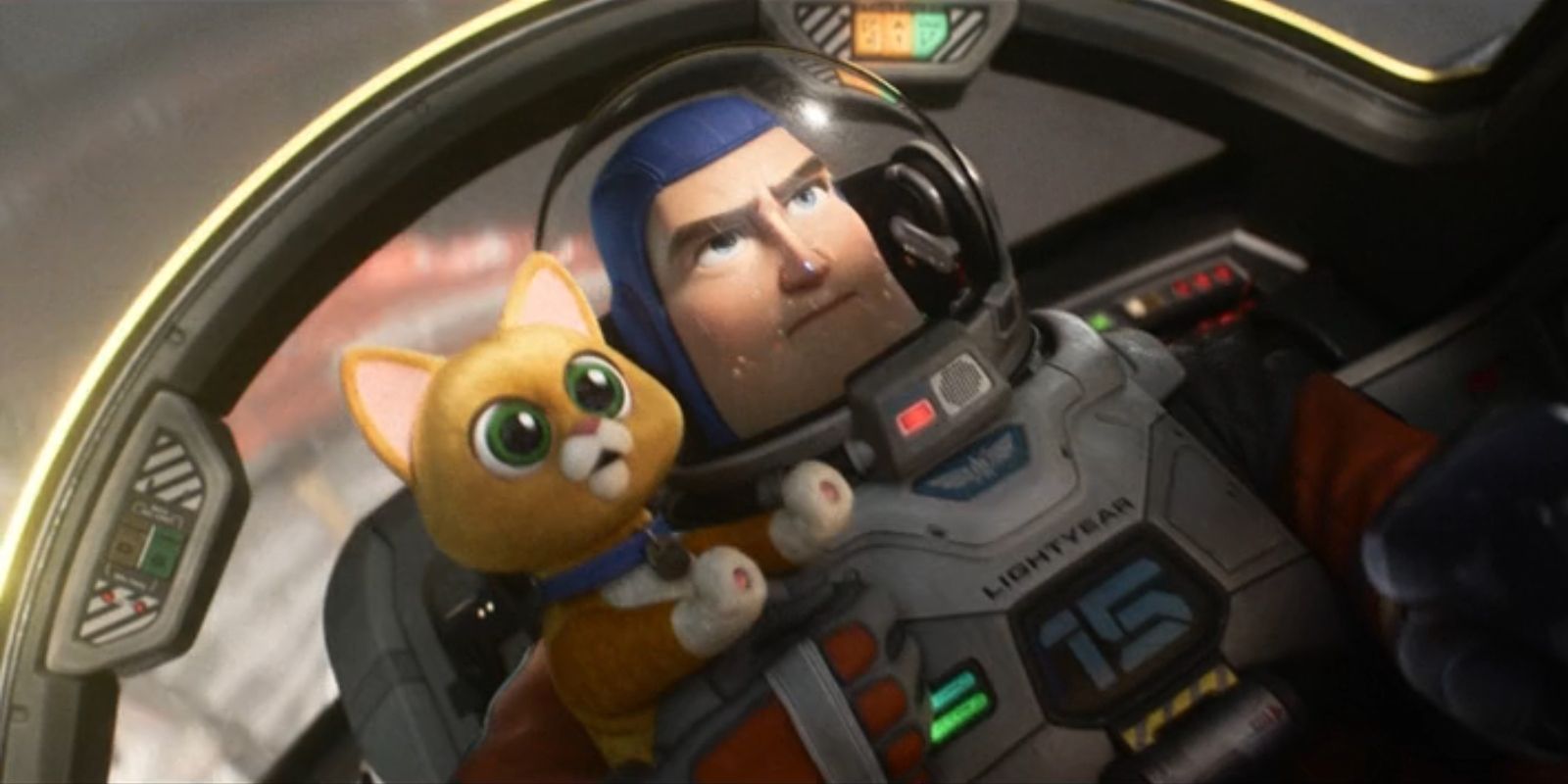 Buzz Lightyear holds Sox the robotic cat while piloting a starship in 'Lightyear'.