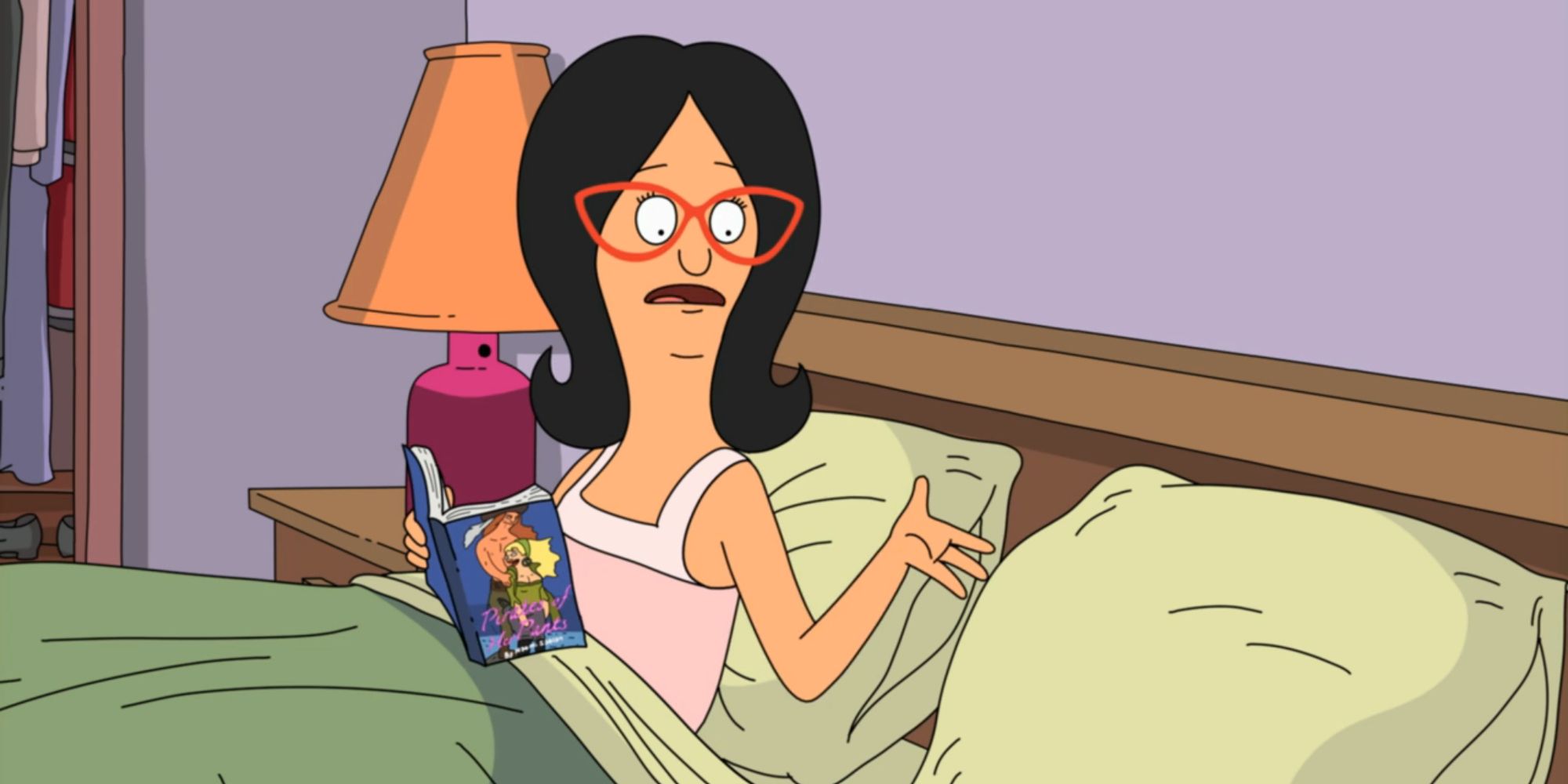 Linda sits in bed reading a book in Season 3, Episode 3 of &lsquo;Bob&rsquo;s Burgers.'
