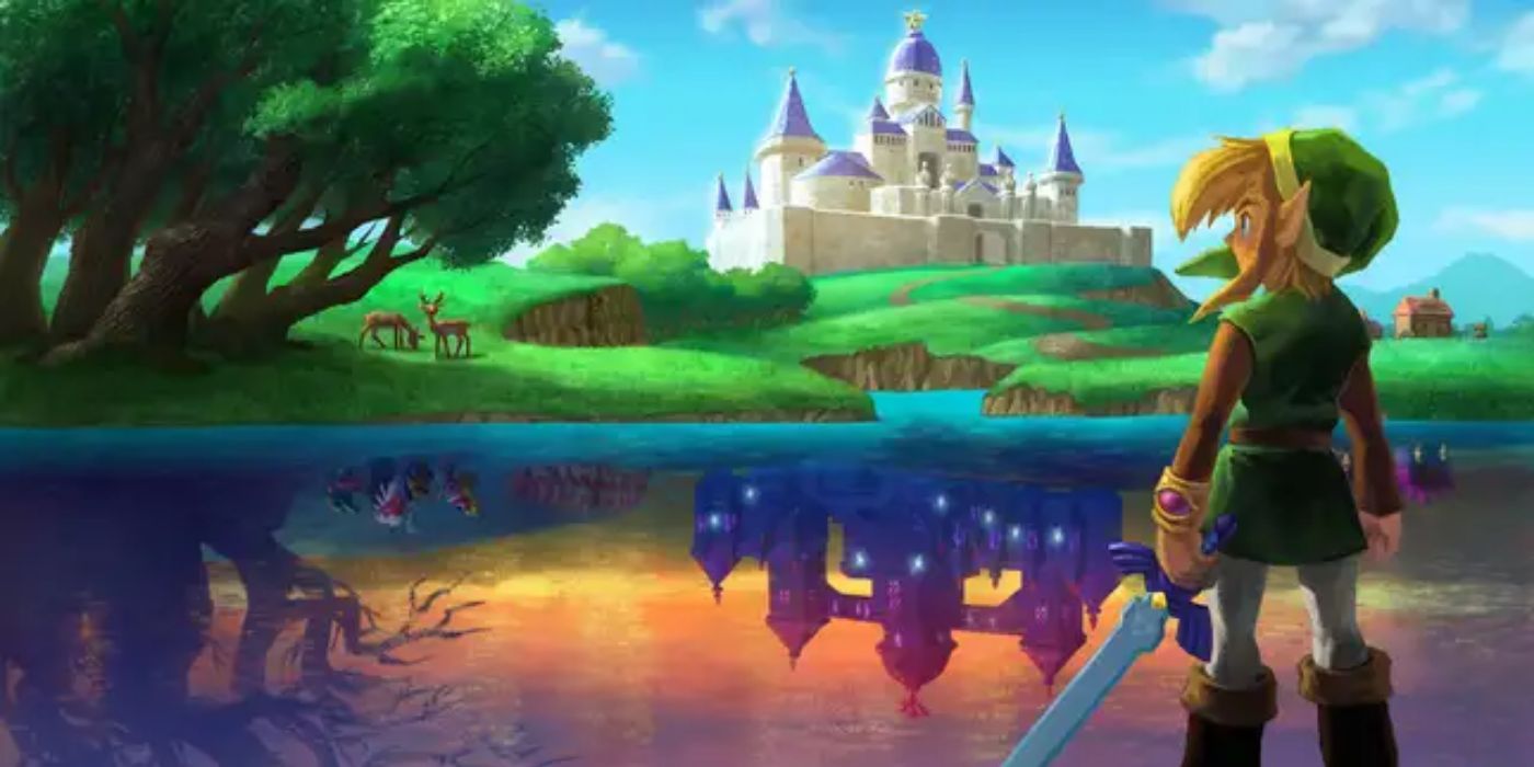 Link looking at a castle with a reflection in the water in The Legend of Zelda: A Link Between Worlds
