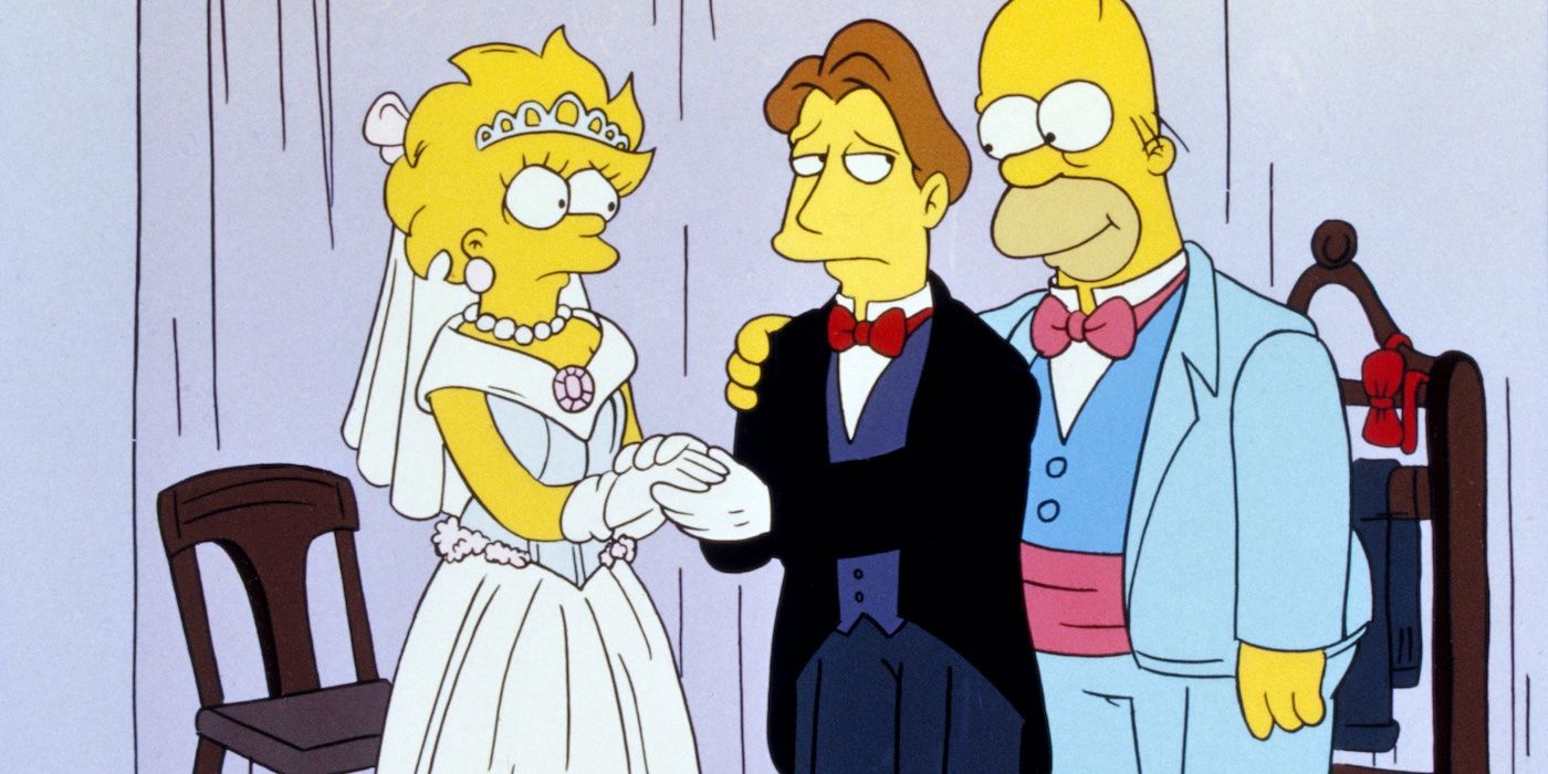 Lisa (Yeardley Smith), Hugh (Mandy Patinkin) and Homer (Dan Castellaneta) before the wedding in 'The Simpsons' "Lisa's Wedding"