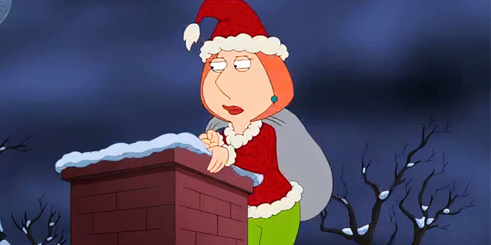 Lois Griffin dressed as Santa Claus standing in front of a chimney in Family Guy episode The First No L