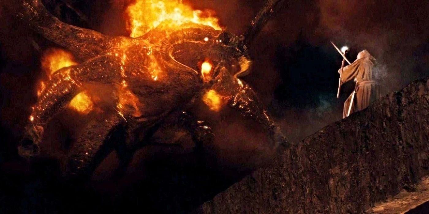 Gandalf confronts the Balrog in The Lord of the Rings: The Fellowship of the Ring