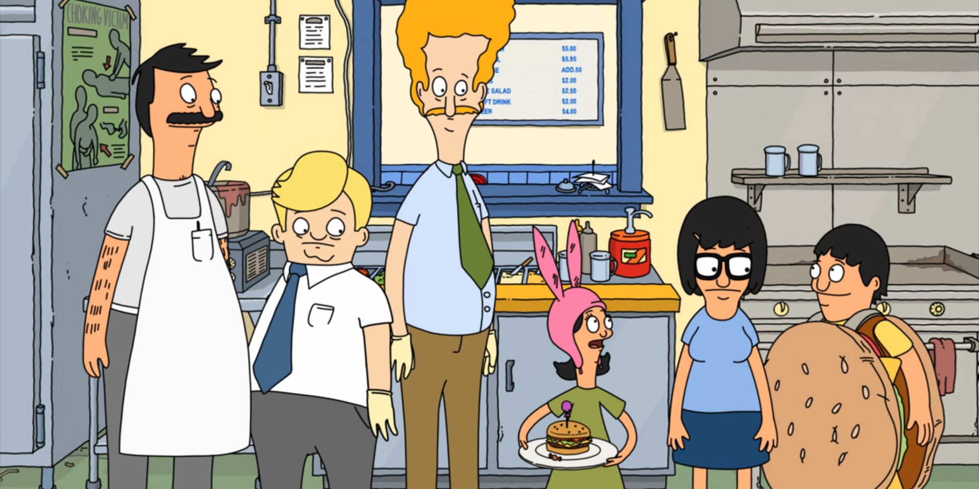 Bob juggles the Health Inspectors with Louise, Tina, and Gene&rsquo;s antics in Season 1, Episode 1 of &lsquo;Bob&rsquo;s Burgers.'