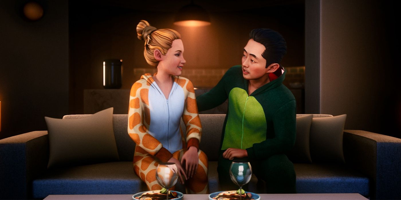 Avatars of Me/Deja (Kristen Stewart) and Iam/Liam (Steven Yeun) on a couch in Love Me