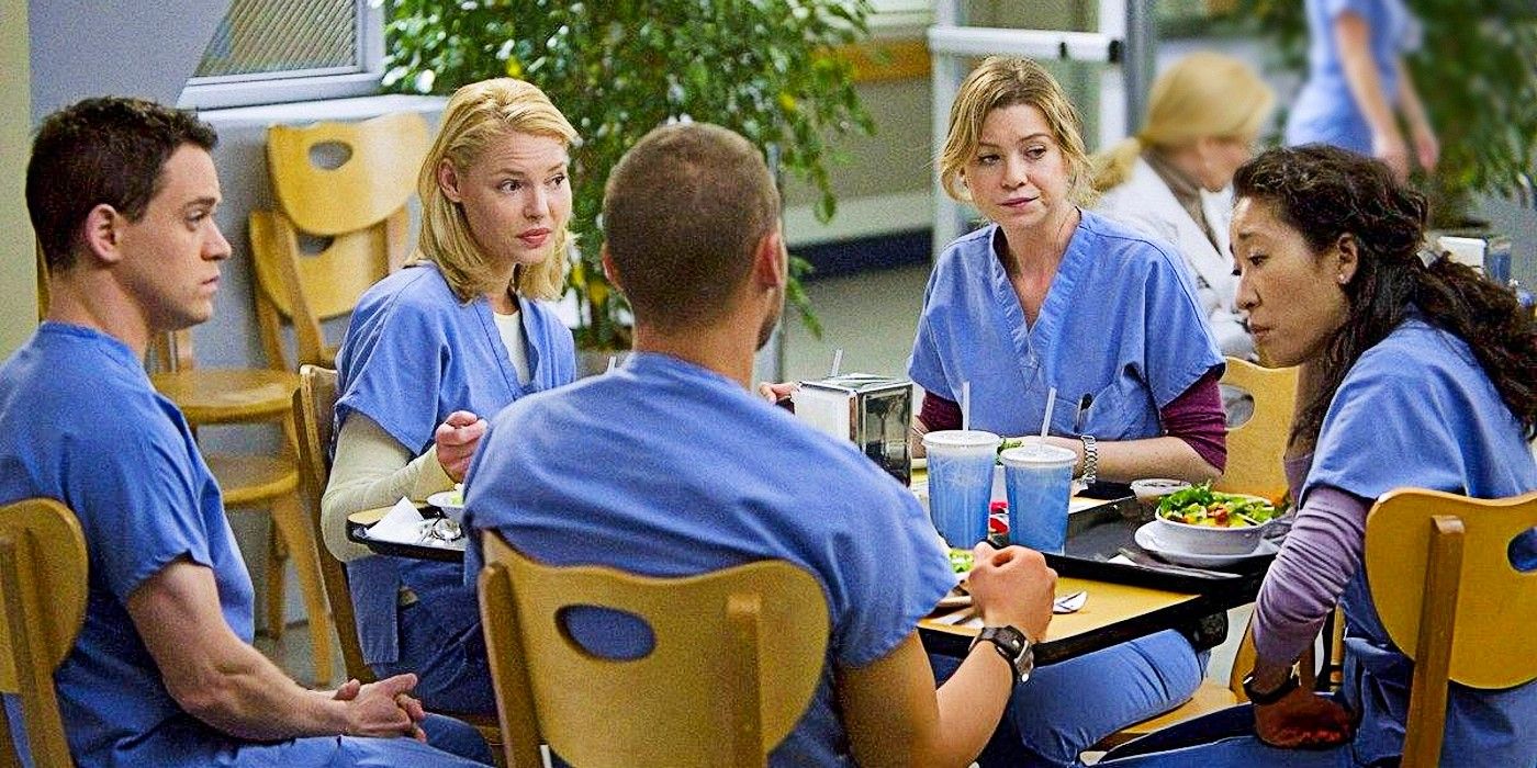 The members of the MAGIC group wearing scrubs, eating together in the cafeteria in Grey's Anatomy Season 4.