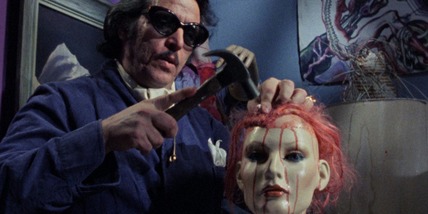 A man using a hammer on a mannequin's head in Maniac