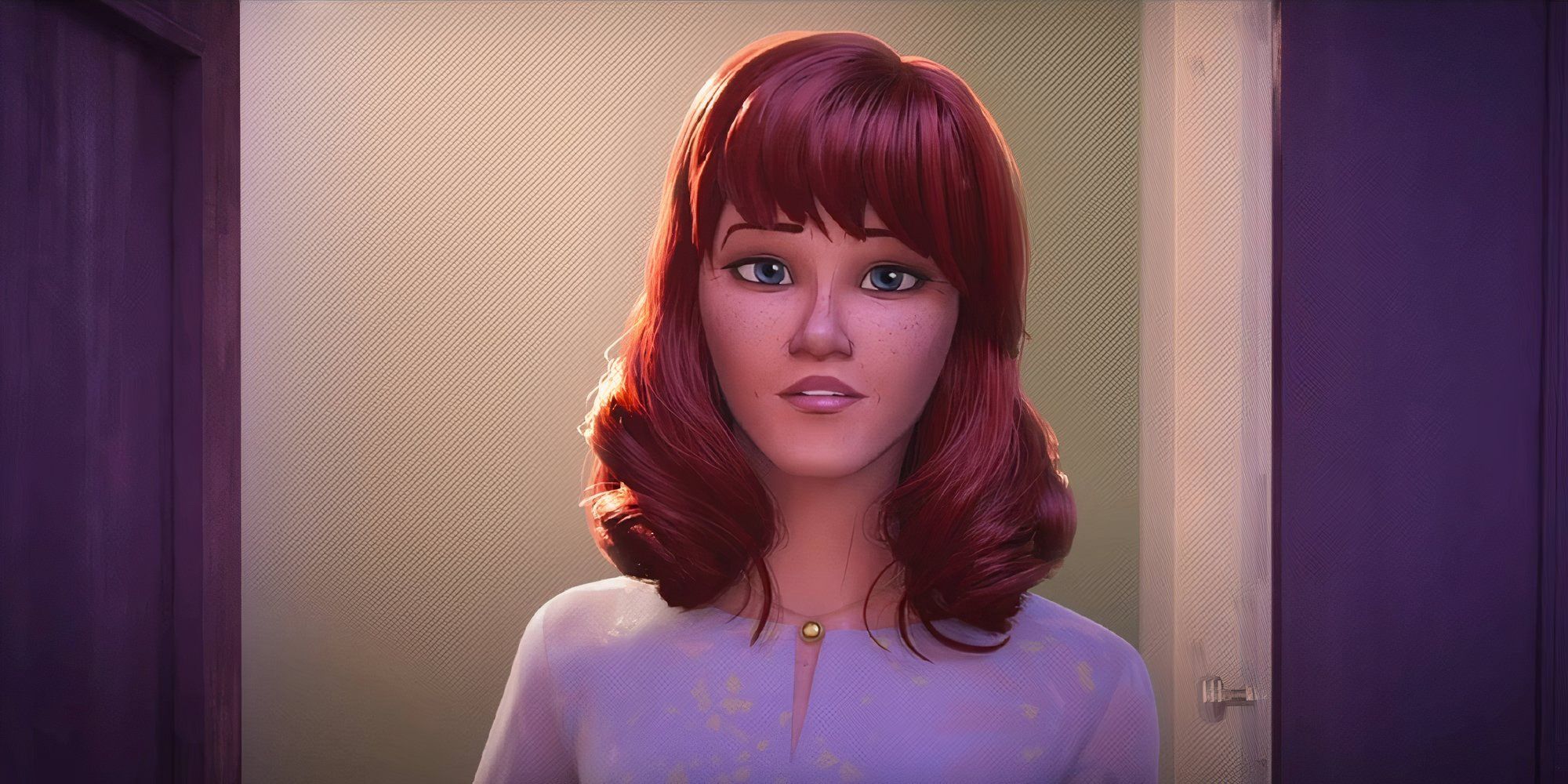 Mary Jane in Spider-Man Into the Spider-Verse looking slightly surprised.