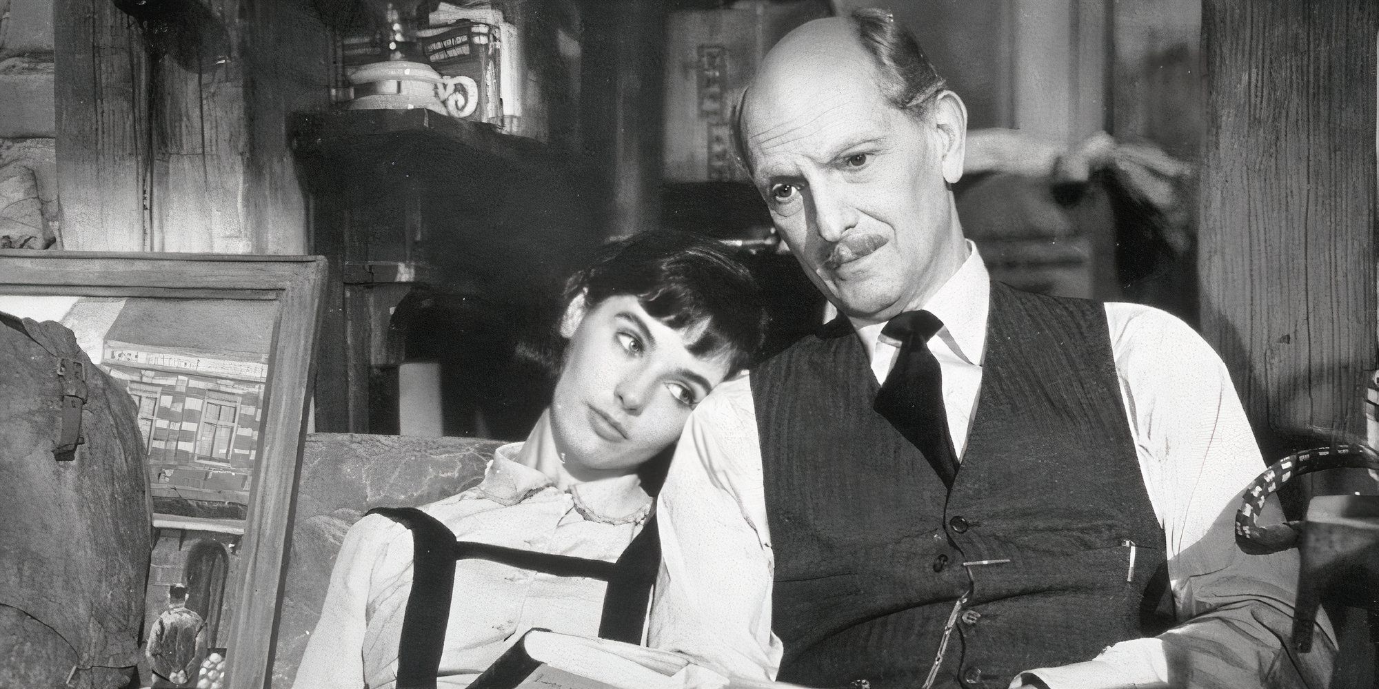 Millie Perkins leaning on Joseph Schildkraut in The Diary of Anne Frank