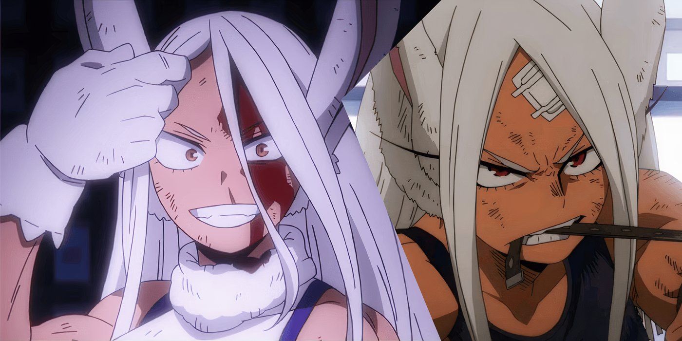 A split image of Mirko biting on something and having a crazed look in My Hero Academia.