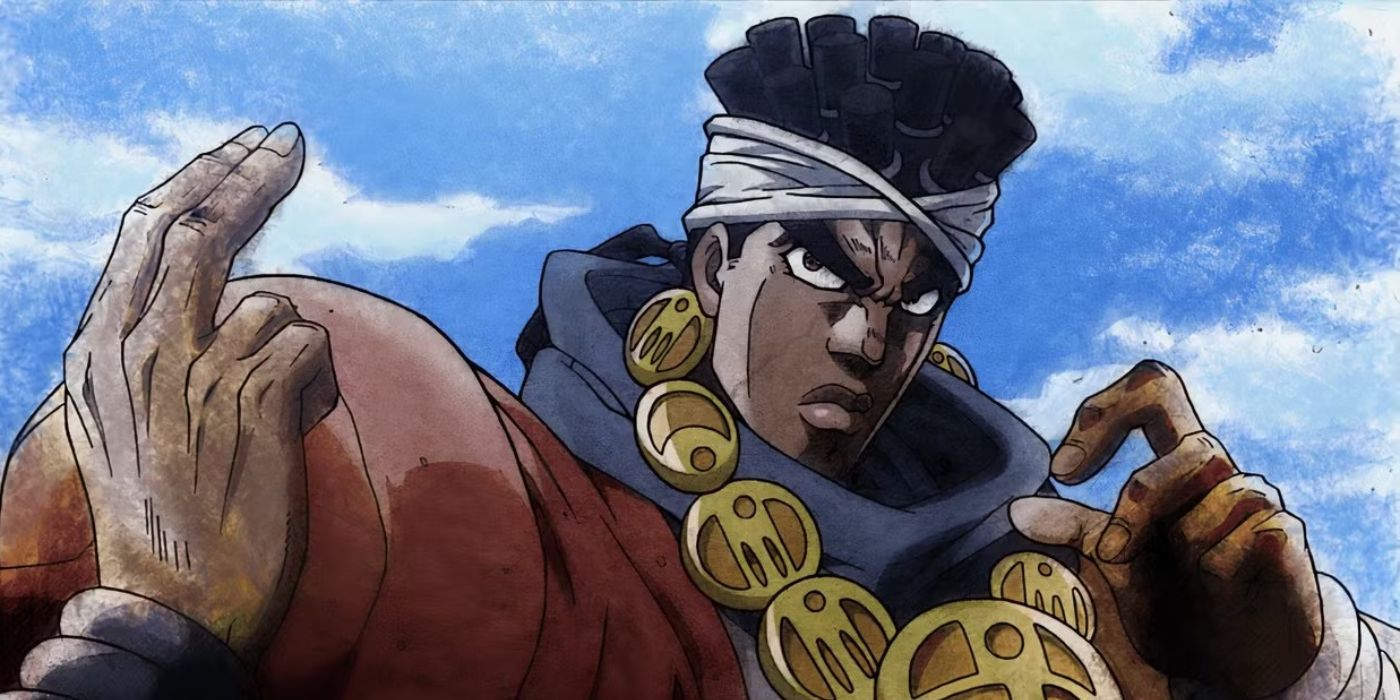 Mohammed Avdol wears a large gold necklace and beckons to someone off camera in JoJo's Bizarre Adventure.