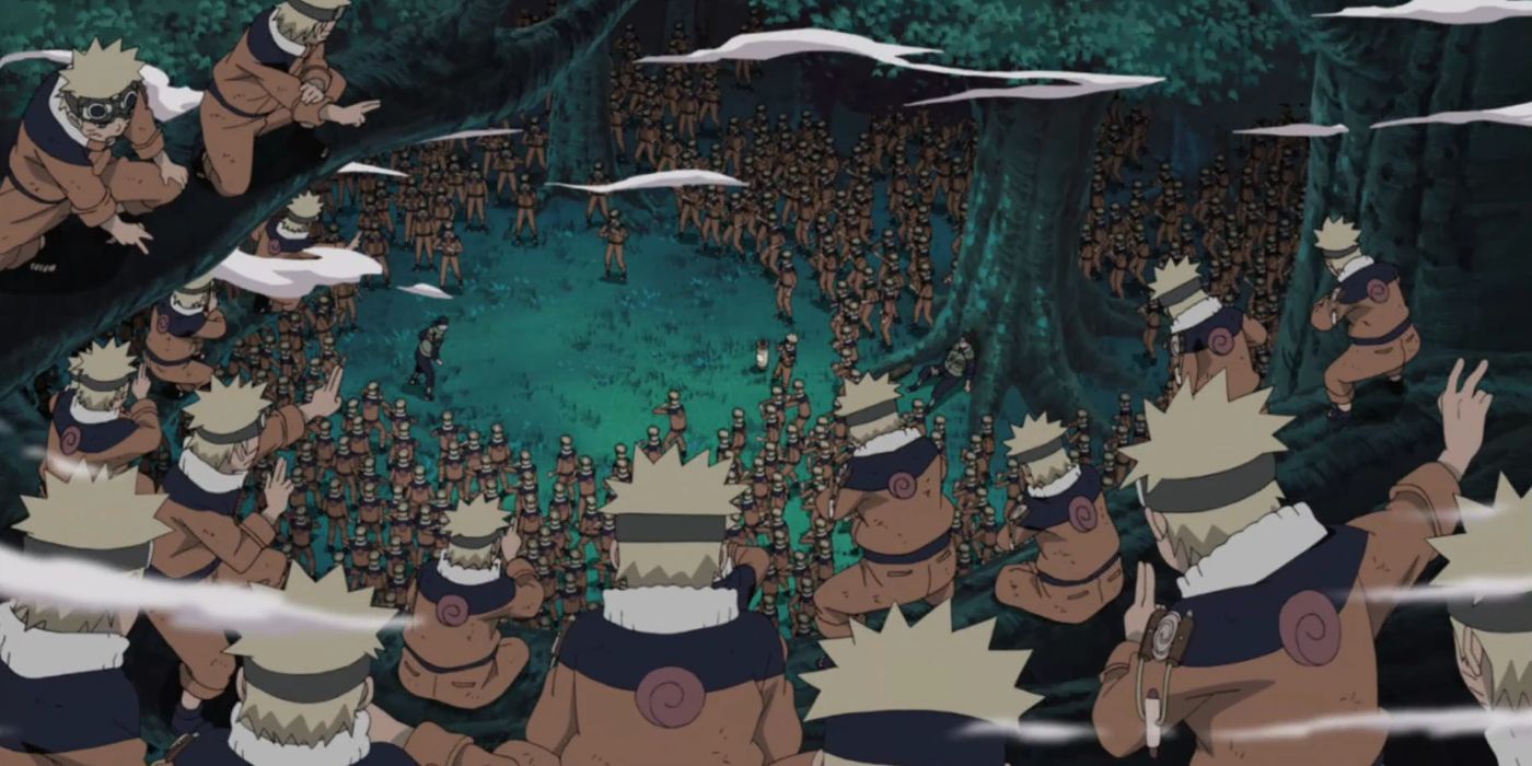 Thousands of Naruto clones in a forest in Naruto anime.