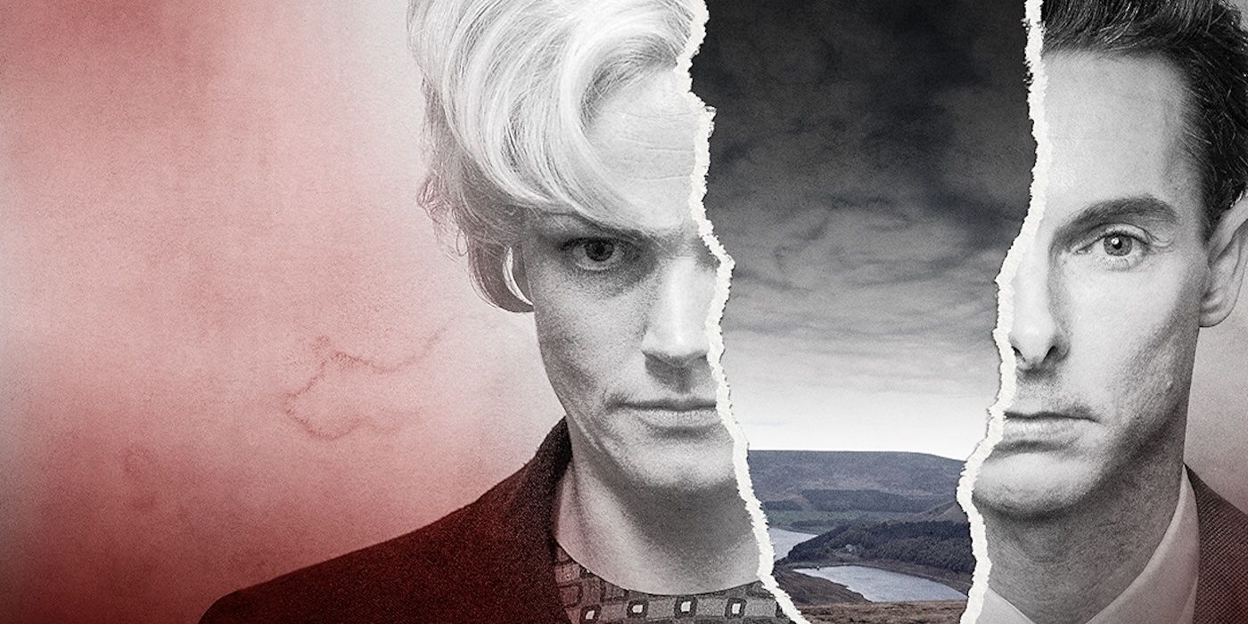 Myra Hindley (Maxine Peake) and Ian Brady (Sean Harris) in a promotional poster of a torn photo for 'See No Evil: The Moors Murders'