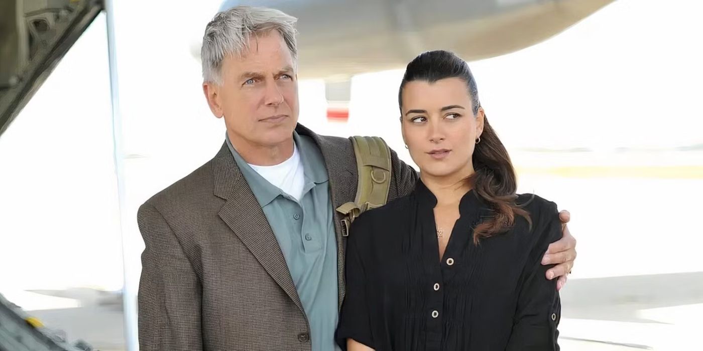 Leroy Jethro Gibbs (Mark Harmon) with his arm around Ziva David (Cote de Pablo) in NCIS.