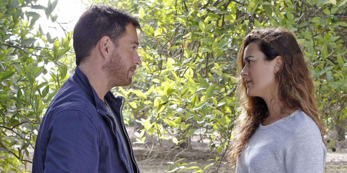 Tony DiNozzo (Michael Weatherly) and Ziva David (Cote de Pablo) talking to each other in a field in NCIS