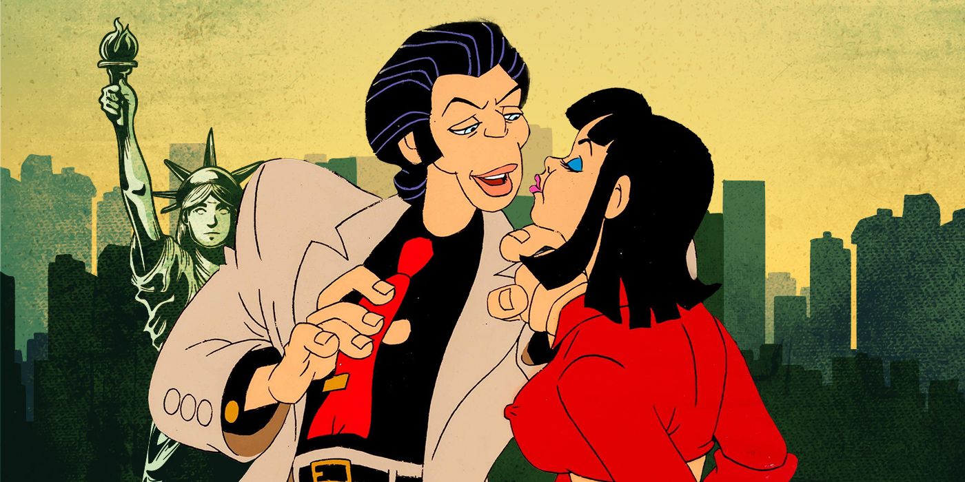 An animated Italian American man in a beige suit flirting with a dark-haired woman in a red top in front of an animated New York skyline.